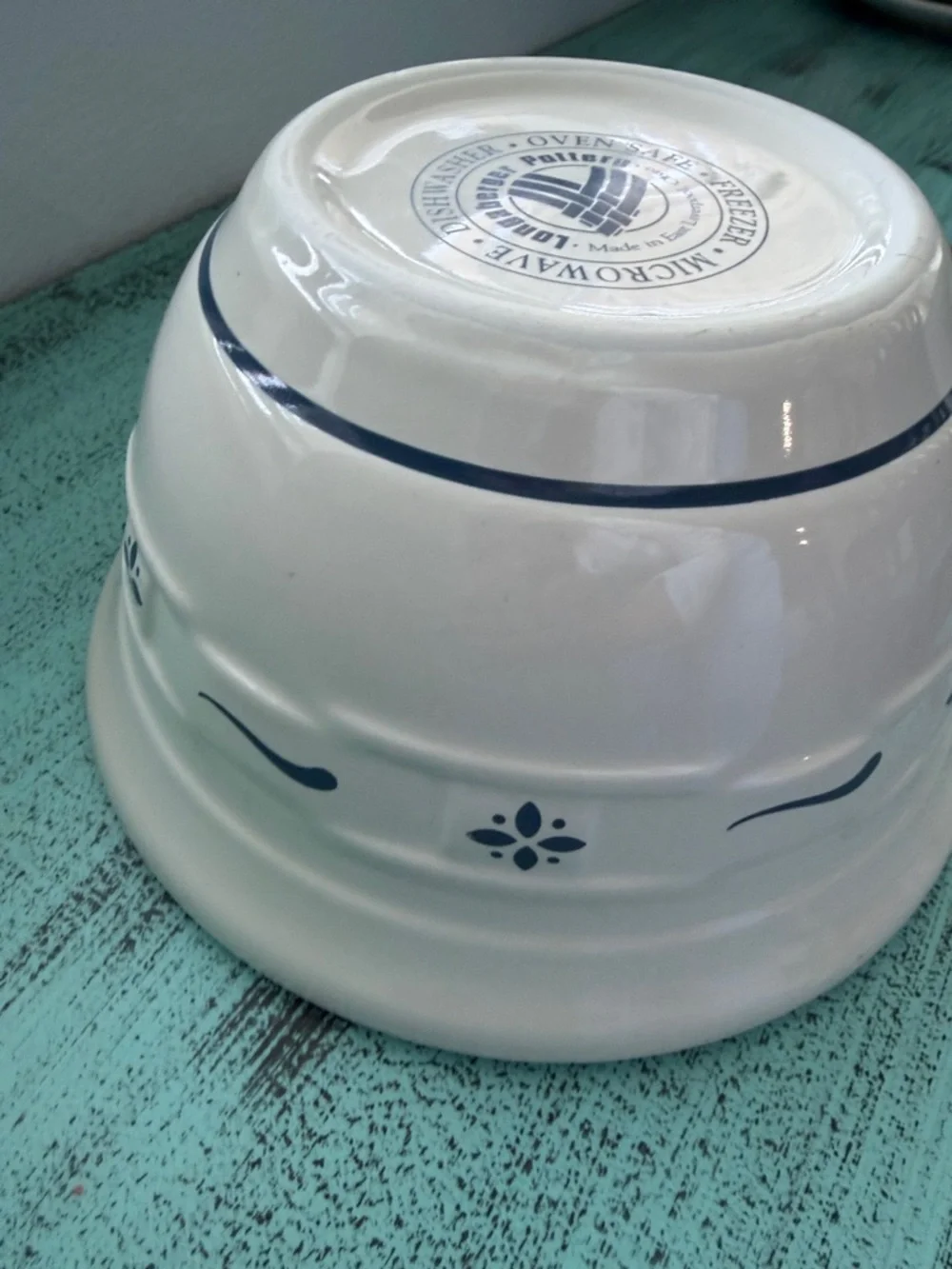 Longaberger Cream and Blue Ceramic Bowl -oven freezer dishwasher and microwave